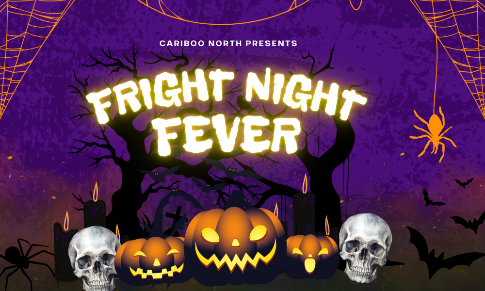 Cariboo North Cultural Society Image for Halloween Dance with purple background and skulls, pumpkins, and bats